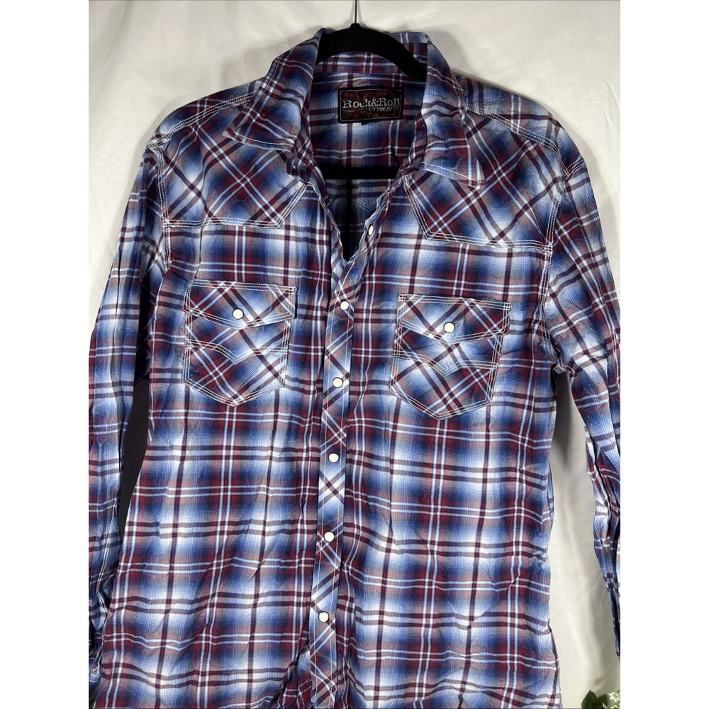 Rock & Roll Cowboy Mens Button Up Shirt Mens‎ Large Black Blue Plaid Studded
